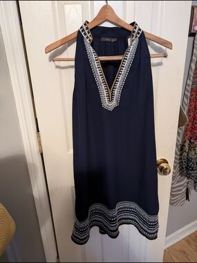 THML Navy Dress with White Embroidered Pattern and Gold Trim